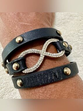 Y2K Black Leather Rhinestone Infinity Wrap Bracelet Choker 23" Studded